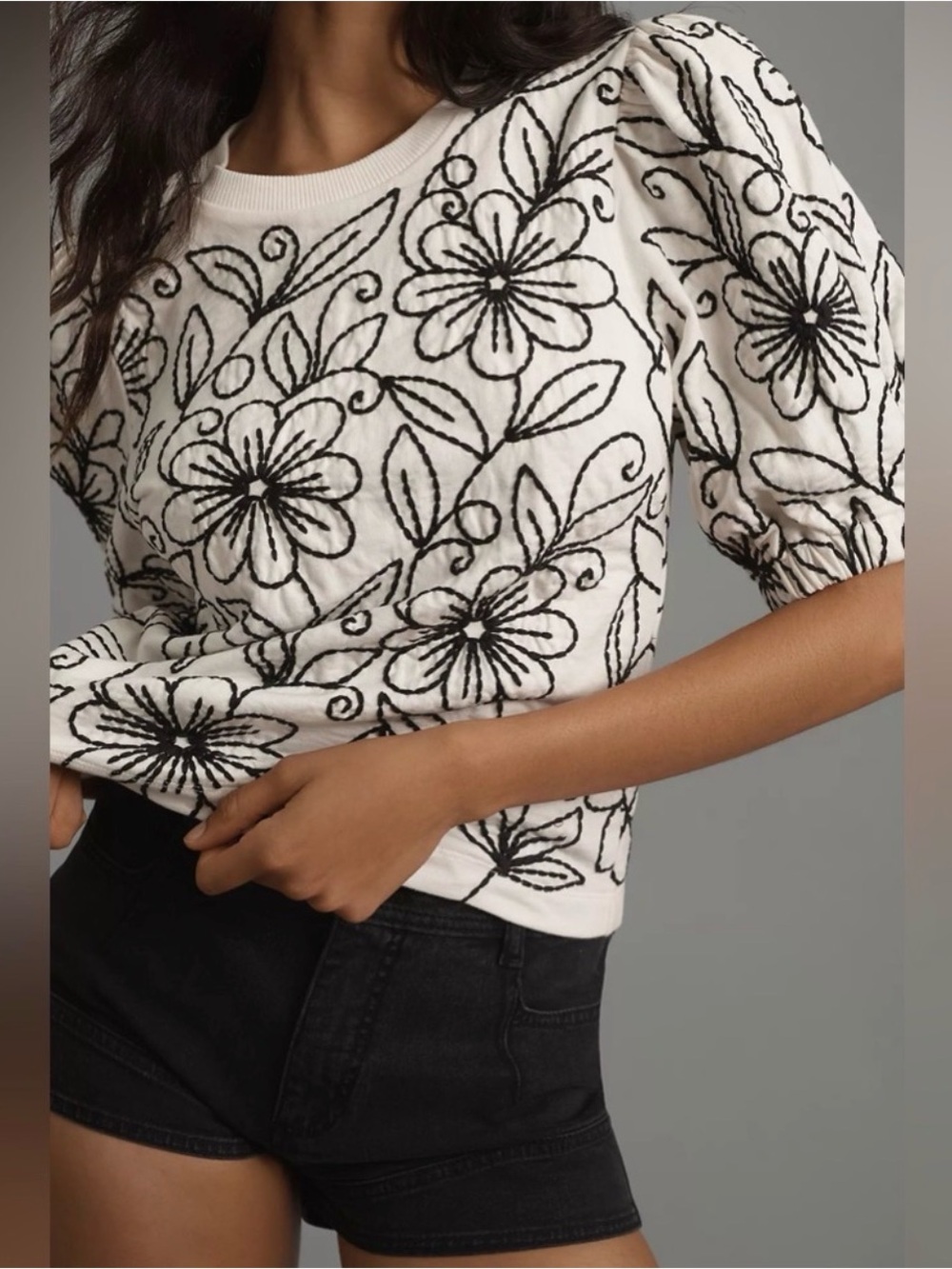 Anthropologie Maeve Puff Sleeve Embroidered Pullover Floral Top XS NWT